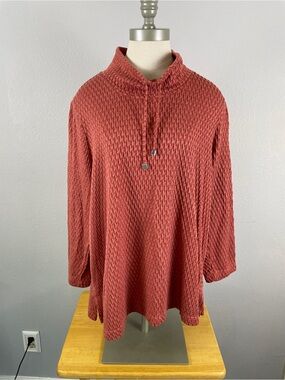 Ali Miles Orange Rust Textured Geometric Drawstring Funnel Neck Tunic Size XL